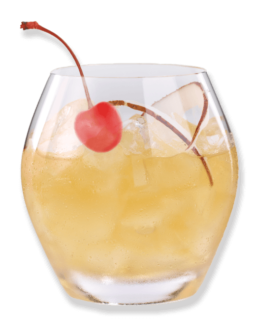 Toasted Coconut Lime Cooler cocktail in glass with ice and cherry.