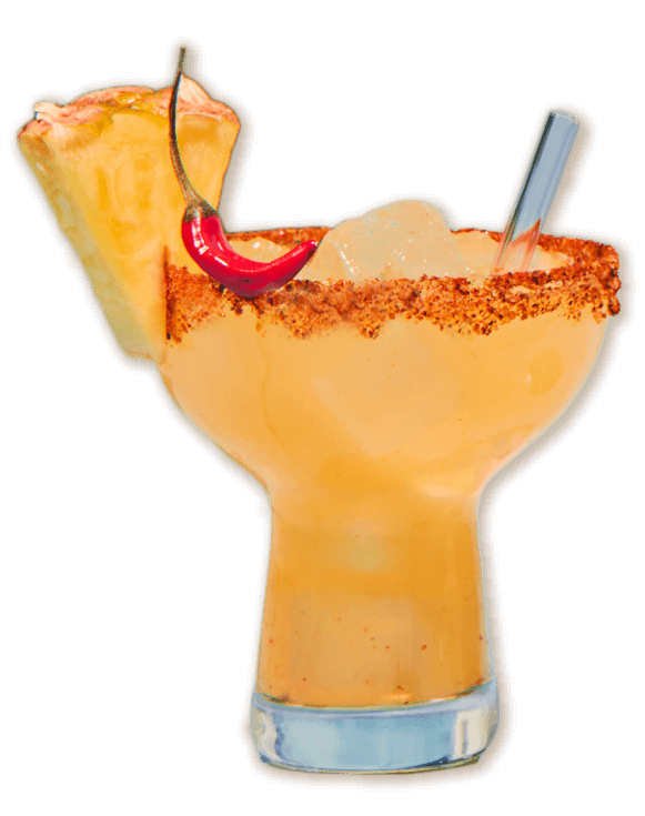 Spicy Pineapple Margarite cocktail served in glass with pineapple wedge, garnished with chili pepper.