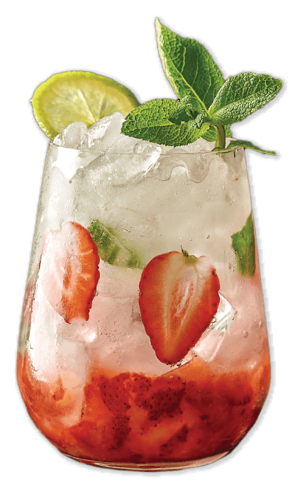 Tropical Wine Cooler cocktail garnished with strawberry and lime wheel.